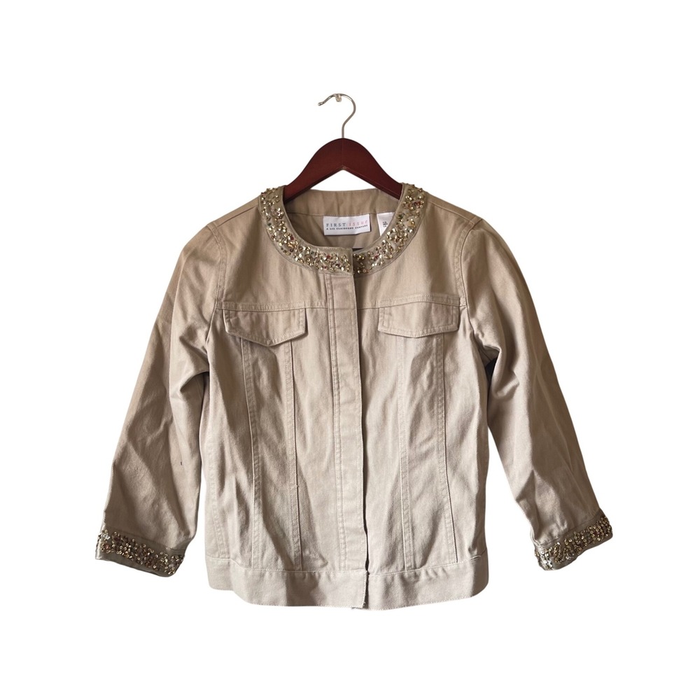 Y2k Liz Claiborne Embellished Collar‎ Cuff Khaki denim Jacket Women's Small